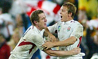 Will Greenwood, left, celebrates with Jonny Wilkinson after England's World Cup final win in 2003