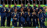 Fiji team with their gold medal in the Rugby 7s at Rio Olympics