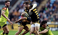 Elliot Daly is tackled by Matt Smith during the Aviva Premiership match at the Ricoh Arena in January