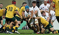 England captain Zach Mercer drives forward in their Pool A match with Australia at Avchala Stadium
