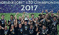 New Zealand captain Luke Jacobson holds aloft the trophy after his side beat England 64-17 in the final of the World Rugby U20 Championship 2017
