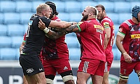 Joe Marler, centre, has been hit with the off-field equivalent of a yellow card by the RFU