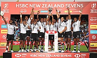 Fiji players celebrate the Challenge Trophy Final win over USA on day two of the HSBC World Rugby Sevens Series in Hamilton