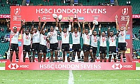 Fiji celebrate the cup final win over Australia on day two of the HSBC World Rugby Sevens Series at Twickenham Stadium in London