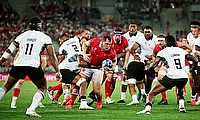 Ryan Elias of Wales is tackled whilst running with the ball during the Rugby World Cup France 2023 match between Wales and Fiji