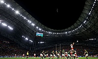 A general view of play as the two teams contest a line out during the Rugby World Cup France 2023 match between South Africa and Tonga