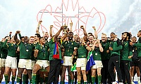Cyril Ramaphosa, President of South Africa, lifts The Webb Ellis Cup following the Rugby World Cup Final against New Zealand