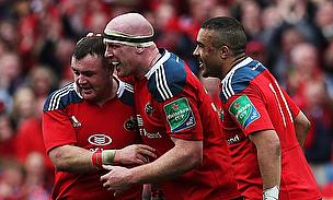 Dave Kilcoyne (left) is congratulated after his try