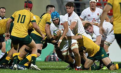England captain Zach Mercer drives forward in their Pool A match with Australia at Avchala Stadium