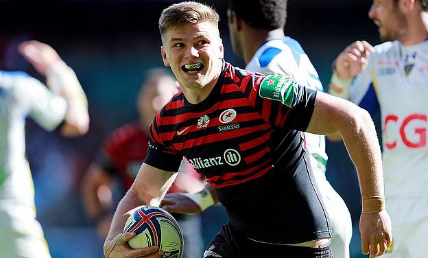 Owen Farrell celebrates scoring a try in the Heineken Cup semi-final victory against Clermont Auvergne