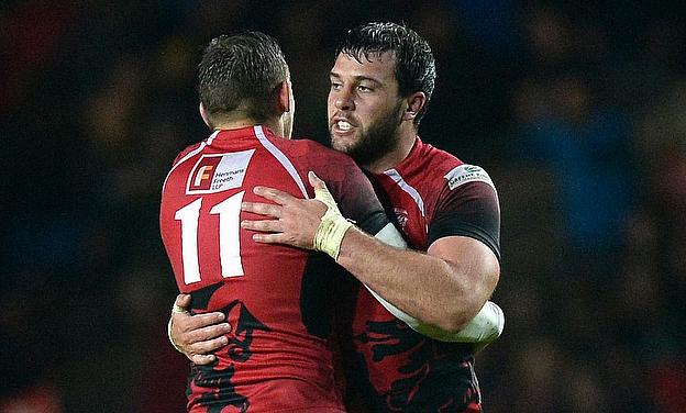Nick Scott and London Welsh team-mate Nathan Vella celebrate their side's win