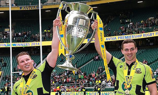 Northampton's Dylan Hartley and George North with the trophy after victory in the Aviva Premiership Grand Final in May
