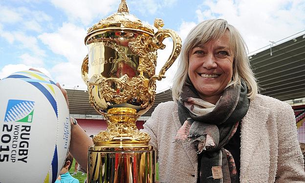Rugby World Cup CEO Debbie Jevans with The Webb Ellis Cup