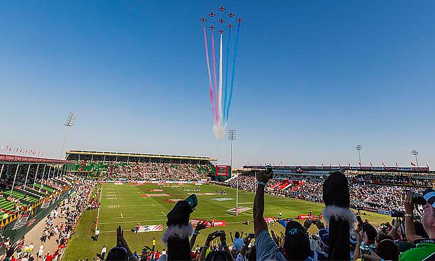 The Red Arrows flying over the Dubai Sevens