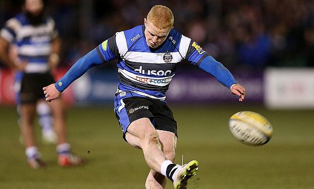 Bath's Tom Homer kicks one of his four penalty goals against Sale