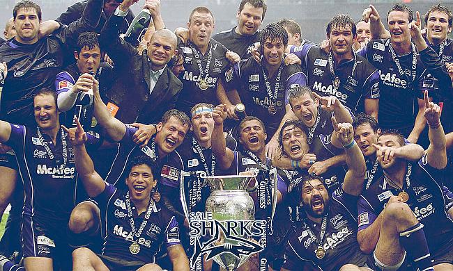 Sale Sharks lifting the Guinness Premiership trophy in 2005