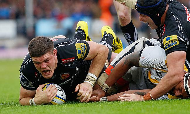 Exeter Chiefs' Dave Ewers, left, scored a try during the Premiership semi-final at Sandy Park