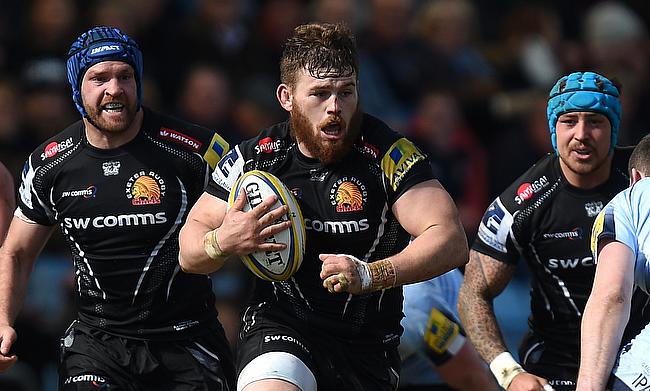 Luke Cowan-Dickie, centre, scored a hat-trick of tries for Exeter