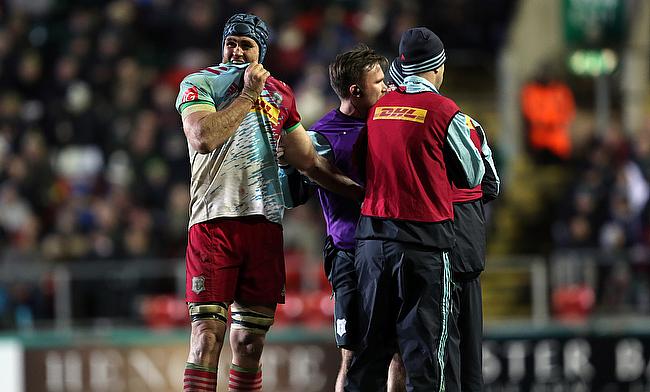 Harlequins James Horwill gets treatment to his finger during the Aviva Premiership match at Welford Road, Leicester.