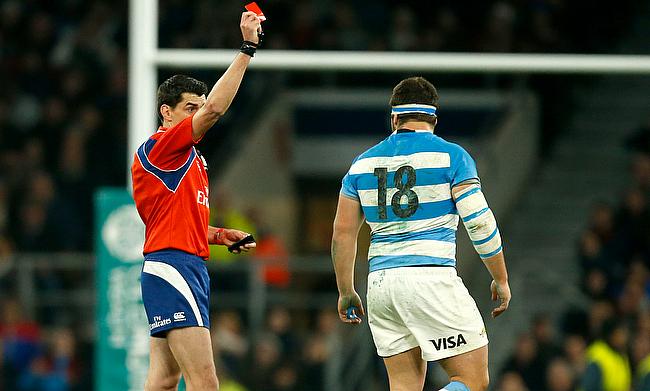 Argentina prop Enrique Pieretto is sent off by referee Pascal Gauzere during last Saturday's Test match against England at Twickenham