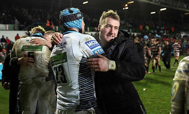 Stuart Hogg, right, celebrates after Glasgow's momentous win at Leicester on Saturday