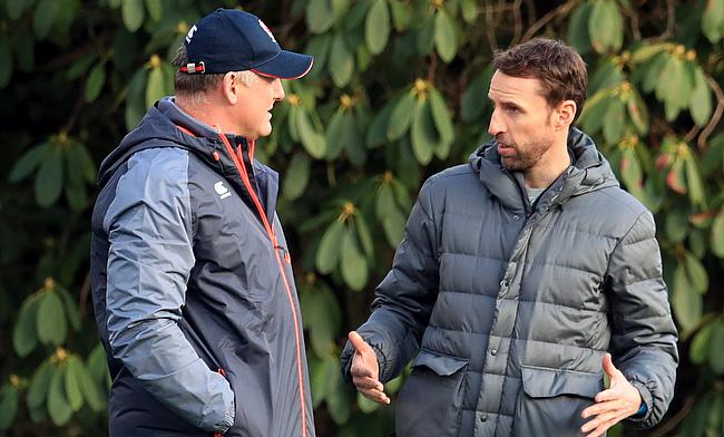 Gareth Southgate, right, attended England rugby's Surrey training base on Tuesday