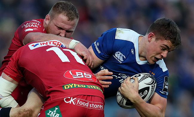 Scarlets' Steff Evans was sent off for his part in this tackle on Leinster's Garry Ringrose