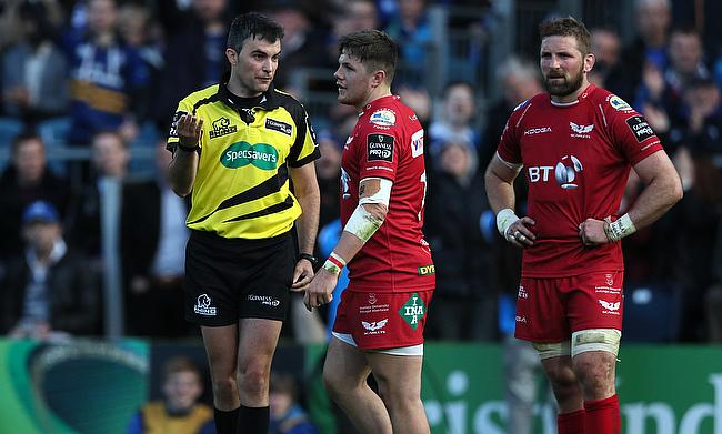 Scarlets wing Steff Evans. centre, was sent off during the Guinness PRO12 semi-final against Leinster
