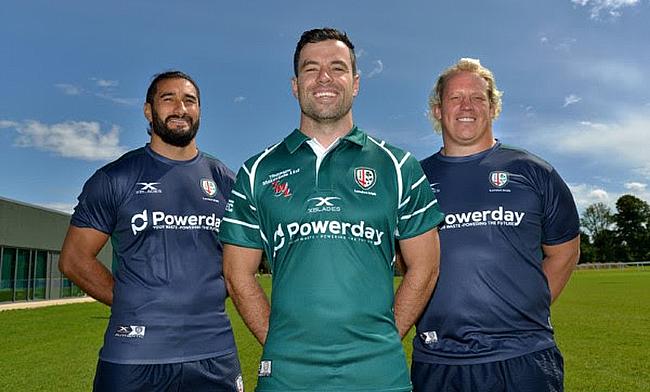 James Marshall (centre) modelling the London Irish 2017/18 Home shirt and Blair Cowan (left) and Petrus Du Plessis (right) in this season’s training g
