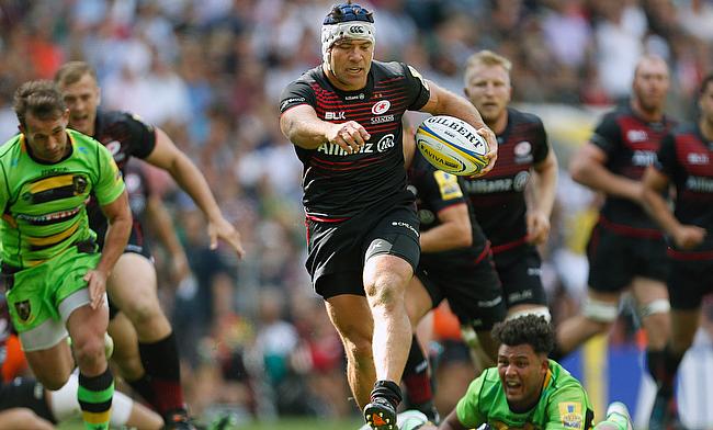 Schalk Brits, pictured with the ball, was brilliant in Saracens' win over Northampton