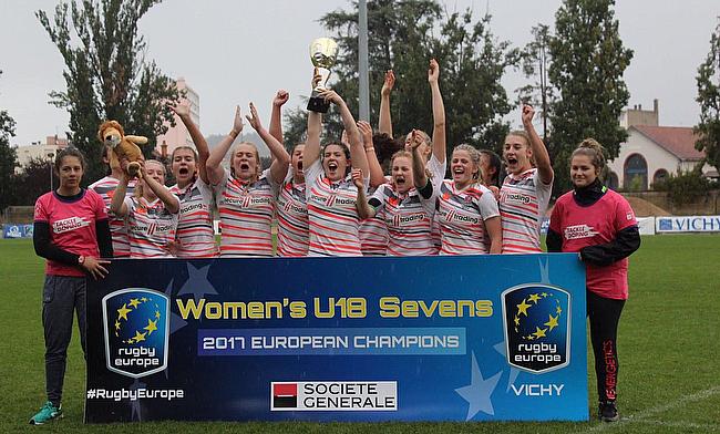 England Women Under 18 Sevens celebrating the win in the Rugby Europe Under 18 Championship