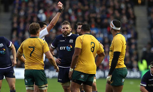 Australia's Sekope Kepu (number 3) was shown a red card during the Autumn Test against Scotland at Murrayfield, and has been handed a suspension