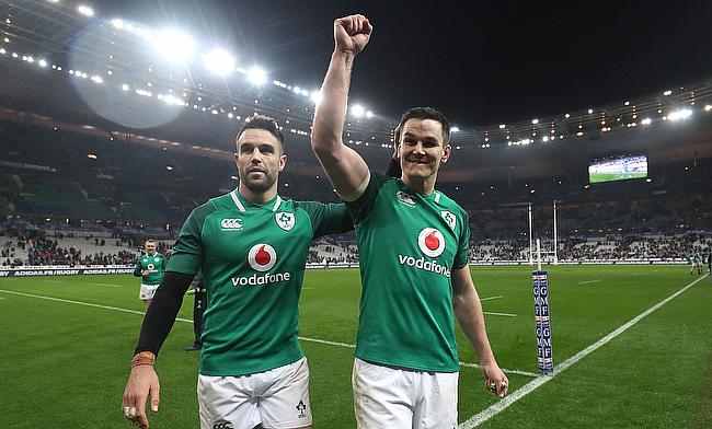 Ireland’s Johnny Sexton (right) celebrates with Conor Murray after beating France