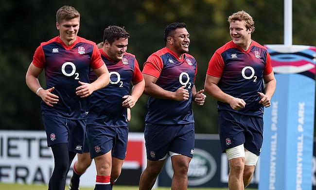 Owen Farrell, left, and Jamie George, second left, are friends off the field as well as team-mates on it for England and Saracens