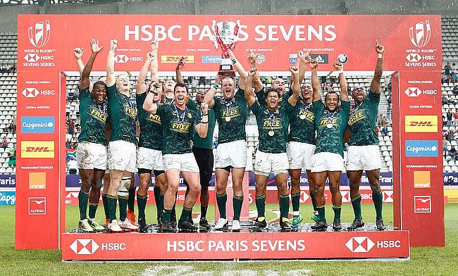 South Africa 7s team celebrating their win in Paris leg of HSBC World Rugby Sevens Series