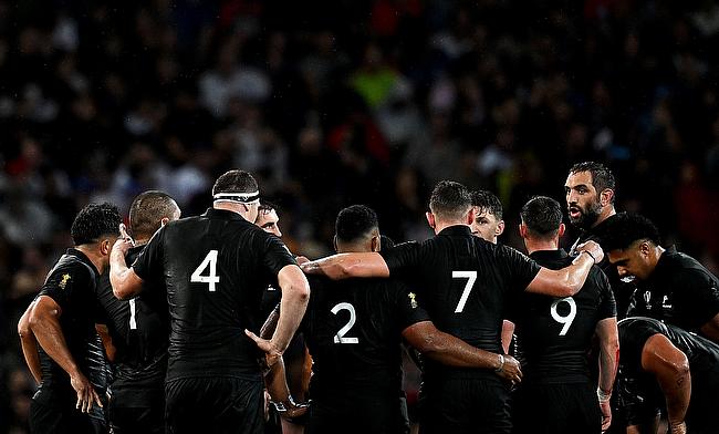 The players of New Zealand form a huddle prior to the Rugby World Cup France 2023 match against Namibia at Stadium de Toulouse