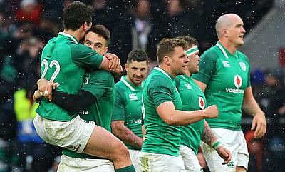 Ireland’s Joey Carbery (left) celebrates winning the grand slam with team mates