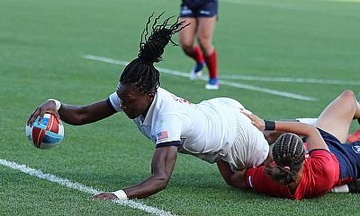USA's Cheta Emba scores the match winning try against Russia on day one of the Rugby World Cup Sevens 2018