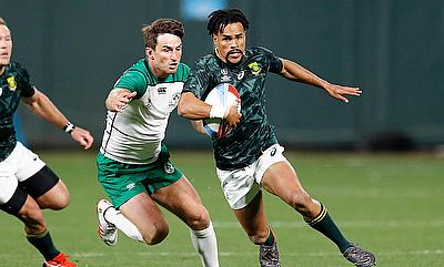 South Africa's Selvyn Davids cuts through the Ireland defence on day one of the Rugby World Cup Sevens 2018 at AT&T Park in San Francisco