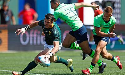 South Africa's Ruhan Nel scores a try against Scotland on day two of the Rugby World Cup Sevens 2018