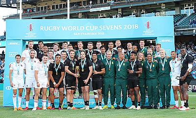 Gold, silver, and bronze winners New Zealand, England, and South Africa pose for a group photo on day three of the Rugby World Cup Sevens 2018