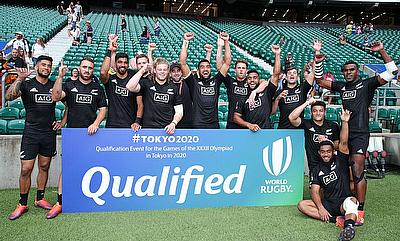 New Zealand celebrate their qualification for the Tokyo 2020 Olympic Games on day one of the World Rugby Sevens Series at Twickenham Stadium