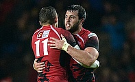 Nick Scott and London Welsh team-mate Nathan Vella celebrate their side's win