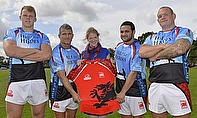 Help for Heroes Donor Development Manager Hannah Bower with London Welsh's Josh McNally (RAF), Team Captain Tom May, Piri Weepu and Ricky Reeves (Army