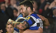 Bath Rugby's Matt Banahan celebrates a try in the win over Leicester