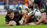 Exeter Chiefs' Dave Ewers, left, scored a try during the Premiership semi-final at Sandy Park