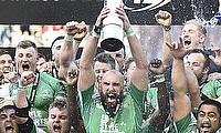 Connacht players celebrate with the PRO12 trophy
