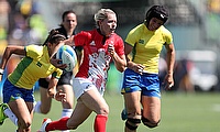 Great Britain's Natasha Hunt, who scored two tries, in action against Brazil at Deodoro Stadium