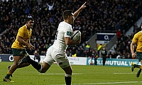 Ben Youngs celebrates England's third try against Australia