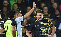 Northampton Saints' Dylan Hartley is shown a red card
